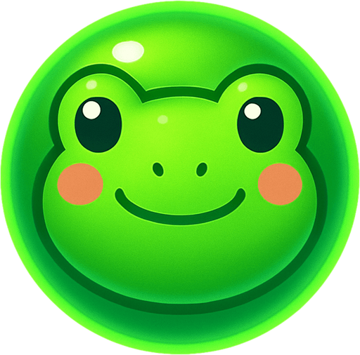 A green bubble with a cartoon frog face, glowing softly, top-down view, mobile puzzle game sprite.
In-Game asset.  2d.  High contrast.  No shadows
