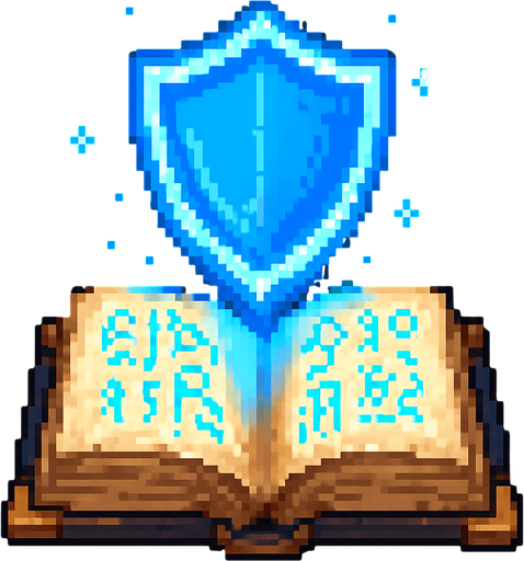 "2D pixel art of a glowing blue shield symbol emerging from an open magical spellbook. The spellbook has old, worn covers and glowing arcane runes on its pages. The shield symbol floats above the book, made of radiant blue magical energy, slightly transparent and softly glowing. It represents protection or a defensive spell. Style is classic 16-bit fantasy RPG pixel art. Transparent background.".
In-Game asset.  2d.  High contrast.  No shadows
