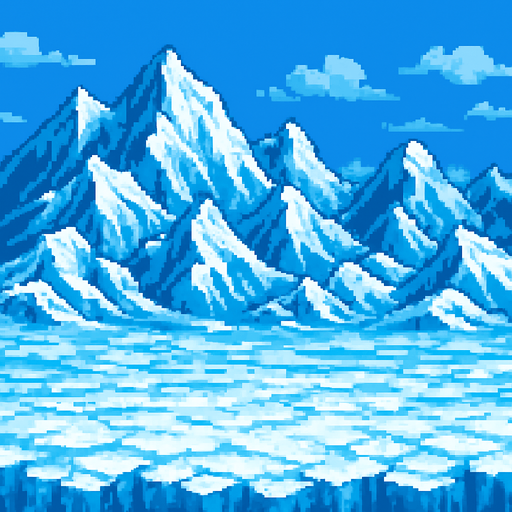 um conjunto de montanhas de gelo, arte pixel 32bits, arena battle background.
In-Game asset.  2d.  High contrast.  No shadows