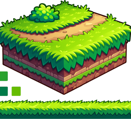 Side view of a Sidescroll Horizontal Grassy Ground path.
Single Game Texture. In-Game asset. 2d. Blank background. High contrast. No shadows. Cartoon style