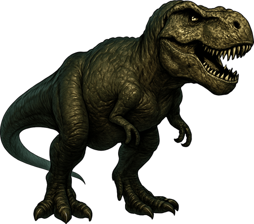 A massive Tyrannosaurus rex dinosaur depicted in a neutral standing pose on a transparent background. It has a powerful, muscular body covered in rough, dark green and brown scaly skin with visible wrinkles and scars. The head is huge with a wide mouth slightly open, showing rows of sharp teeth and piercing yellow eyes. Its short but strong arms have two clawed fingers, and the thick tail balances the bulky body. The skin texture features detailed scales and subtle shading, emphasizing its predatory strength and dominance..
In-Game asset.  2d.  High contrast.  No shadows