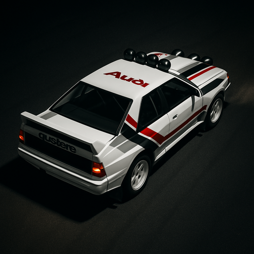 Photorealistic white audi b2 quattro RALLYCAR with red,grey,black stripes livery, drone topview from back in night. Angle should be 45 degrees in the top right corner of the screen.