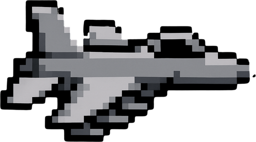 Avión de color gris sin ruedas 8 bit.
In-Game asset.  2d.  High contrast.  No shadows
