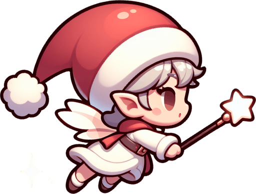 Profile view of a cute little fairy with a santa hat and a magic wand. Flying in the right direction. Single Game Texture. In-Game asset. 2d. Blank background. High contrast. No shadows.