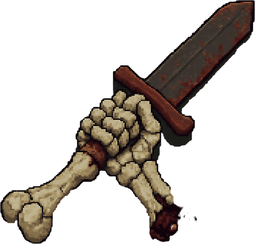 “Top-down 2D pixel art of a massive severed skeleton arm holding a giant sword. The bones are thick, cracked, and aged, with broken joints and shattered ends. The sword is still gripped tightly in the skeletal hand, rusted and chipped. Blood stains or dark magic aura may be present around the broken area. Designed as an environment object or game sprite for a dark fantasy pixel art game.”.
In-Game asset.  2d.  High contrast.  No shadows