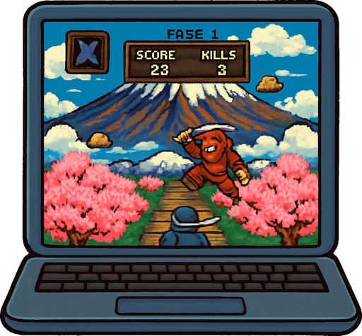 imagina un portatil que tenga en la pantalla la imagen actual, debe ser pixel art y con estilo comico