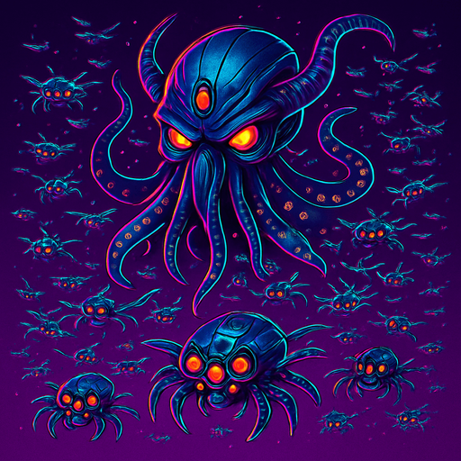 Cutout, swarm, neon cyberpunk glow horror corporate murder squid flying robot monsters