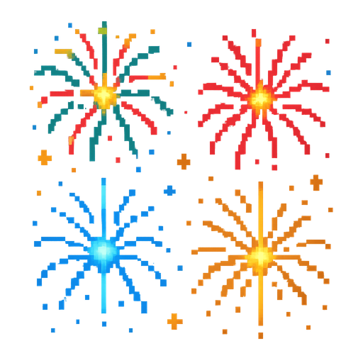fireworks, retro pixel style, colorful.
In-Game asset.  2d.  High contrast.  No shadows