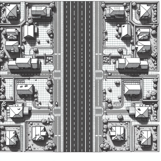 a two way road with houses upper view two d.
Single Game Texture.  In-Game asset.  2d.  Blank background.  High contrast.  No shadows
