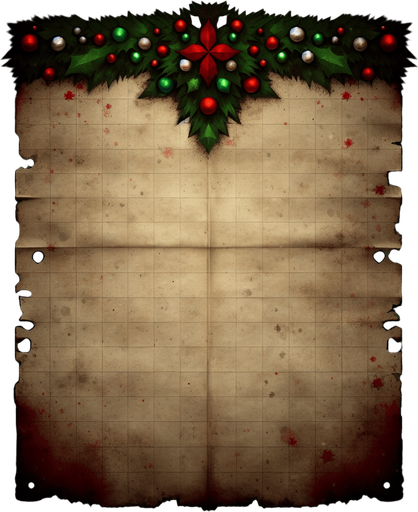 a simple eerie christmas blank dirty ripped paper. Use christmas colors. Do not put text, just the dirty ripped paper so i can fill it myself with text.
Single Game Texture. In-Game asset. 2d. Blank background. High contrast. No shadows. No text.