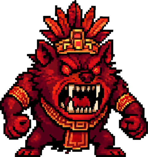 Genérame una Demonio de Tasmnia guerrero azteca con eso patrones, estilo pixelar, con una apariencia maligna, ojos rojos, rabioso. POderes, super rojo y rabioso, como un ejfe final. Animal. No tiene arams solo una gran y poderosa mordida.
In-Game asset.  2d.  High contrast.  No shadows
