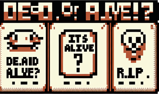8 bit. cartoon. brown background. message that reads:
DEAD OR ALIVE?
IT'S ALIVE!
R.I.P..
Single Game Texture. In-Game asset. 2d. Blank background. High contrast. No shadows.