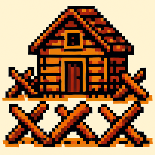 casa de madera con barricadas de pixeles.
In-Game asset.  2d.  High contrast.  No shadows