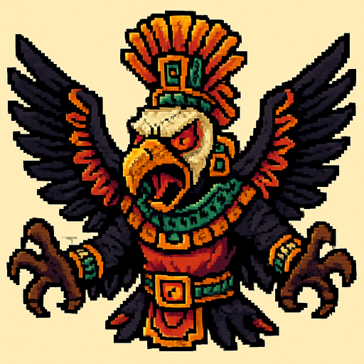 Genérame una Zopilote Rey guerrero azteca con eso patrones, estilo pixelar, con una apariencia maligna, ojos rojos, rabioso. Unidad aerea con alas. Animal.
In-Game asset.  2d.  High contrast.  No shadows