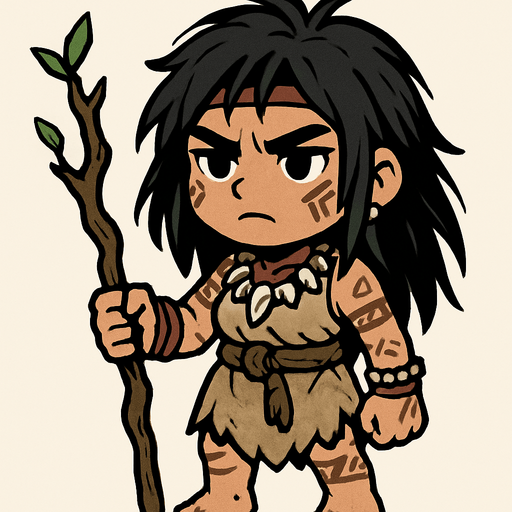 Una sanadora en estilo chibi/cuerpo completo, una chica joven de físico algo marcado por el esfuerzo y la vida dura. Viste ropas tribales, va descalza. Su cabello es negro, largo y despeinado, cayendo con un aire descuidado pero natural. Porta un bastón improvisado hecho de una rama de árbol torcida, aún con algunas hojas pegadas, lo que resalta su carácter rústico y tribal. En su piel se notan tatuajes o marcas tribales, además de collares o pulseras hechos de hueso, madera o cuentas simples, que refuerzan su conexión espiritual con la naturaleza. Su expresión es serena y determinada, mostrando que a pesar de su apariencia austera y primitiva, es una guía y protectora para su gente..
In-Game asset.  2d.  High contrast.  No shadows