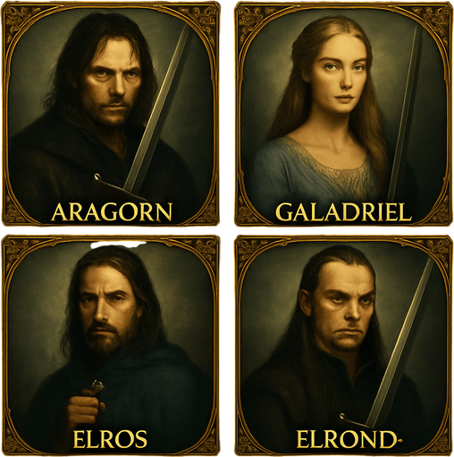 Aynı formatta 4lü kart yap. Aragorn, Galadriel, Elros, Elrond olsun