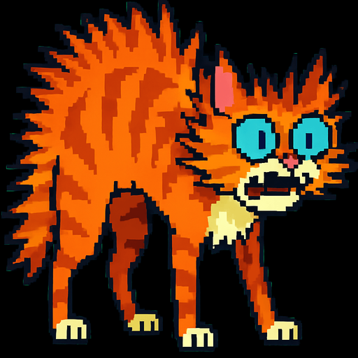 el gato asustado arqueado con los pelos parados con el mismo estilo pixel art