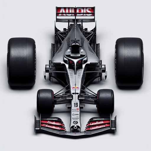 F1 race car. Top view. Grey body with THICK diagonal black stripes. Shiny-red wings with white AUDID text.
Single Game Texture. In-Game asset. 2d. Blank background. High contrast. No shadows.