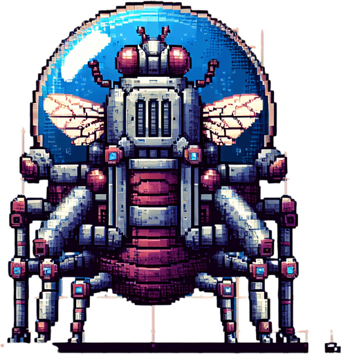 Genera un robot con una cupula de cristal donde se vea una mosca, de resto genera un cuerpo totalmente robotico de un escarabajo blindado en pixel art mirando hacia la izquierda.
Single Game Texture.  In-Game asset.  2d.  Blank background.  High contrast.  No shadows