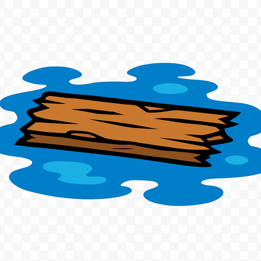 2D game asset, vector style, high contrast, flat colors, no shadows, a single long, broken wooden plank with splintered edges, floating horizontally on the surface of blue water, suitable for a top-down game, transparent background, PNG format..
In-Game asset.  2d.  High contrast.  No shadows