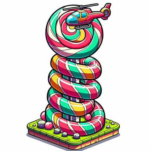 Create a cartoon-style lollipop tower as an obstacle in a helicopter game. The tower should look like a giant stacked swirl lollipop with a stick base, colorful stripes, and a playful vibe. Use bold outlines and a candy theme..
Single Game Texture.  In-Game asset.  2d.  Blank background.  High contrast.  No shadows