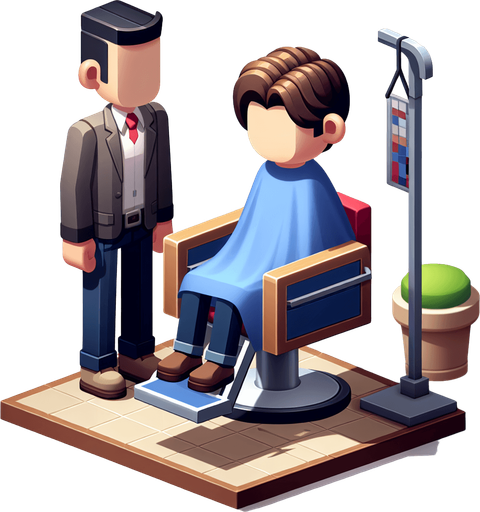 sandalyede oturan ve saçını kestirmeyi bekleyen bir müşteri.
Single Game Texture.  In-Game asset.  2d.  Blank background.  High contrast.  No shadows