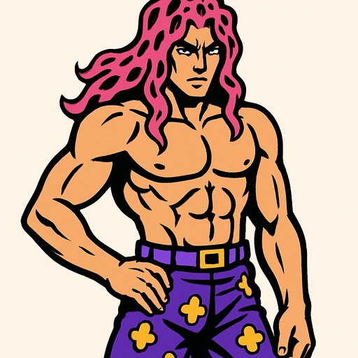 Un hombre con pelo largo color rosado con manchas negras y sin camisa con pantalón morado jojo's.
In-Game asset.  2d.  High contrast.  No shadows