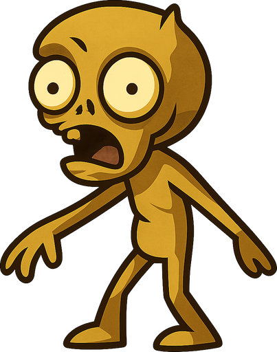 A golden zombie with wide eyes. No background. Transparent background. Blank background. No shadows. 2d. In-Game asset. flat