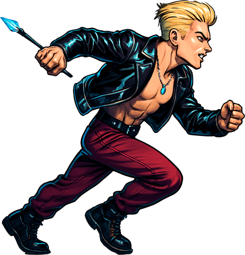 Cyberpunk American manga anime, side profile view running animation frames, shiny black leather biker jacket longsleeves shirtless thin abs pecs necklaces gemstone tipped wand, action shot fierce fashion pose animation blonde undercut pompadour, vampire fangs, wine red joggers, combat boots, Background removed, "Full-body character, entirely in frame, no cropping of face, head, or feet" "Complete character visible, from head to toe, fully centered in the image" "Entire character, including face and boots, fully within the frame" Character fully contained within a square frame, no edges cut off,