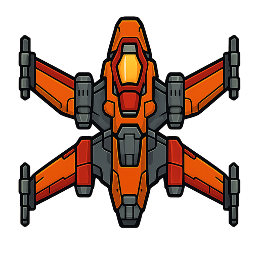 A spaceship with weapons and four wings.
Single Game Texture.  In-Game asset.  Blank background.  High contrast.  No shadows