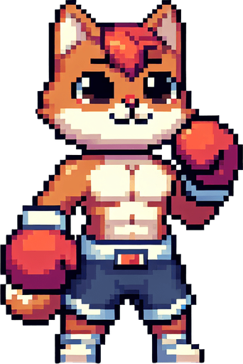 a cute anthropomorphic cat wearing boxing shorts and boxing gloves, pixel art
Single Game Texture. In-Game asset. 2d. Blank background. High contrast. No shadows.