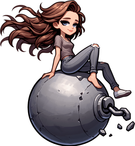 girl sitting on Wrecking Ball, cartoon style..
Single Game Texture. In-Game asset. 2d. Blank background. High contrast. No shadows.