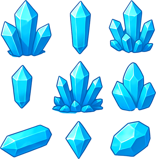 Pack of a different crystal assets. Blue sky color. HD colors..
In-Game asset.  2d.  High contrast.  No shadows