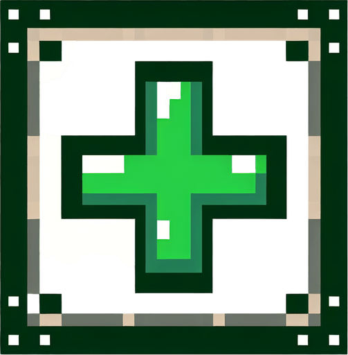 green plus sign
Single Game Texture. In-Game asset. 2d. Blank background. High contrast. No shadows. pixel. 8 bit