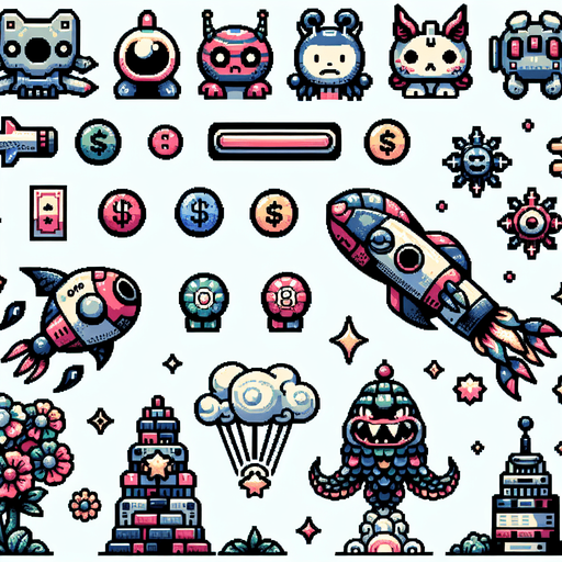 Spritesheet. Spaceships, spacemonsters, cash, powerups. Studio Ghibli. Ghibli style. Mobile game. Colorful. hand drawn. cute. fun. In-Game asset. 2d. Blank background. High contrast. No shadows..