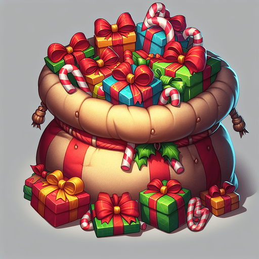 open top of Santa's sack. wrapped presents with ribbons and box, vivid colours, candy canes Single Game Texture. In-Game asset. 2d. Blank background. High contrast. No shadows.