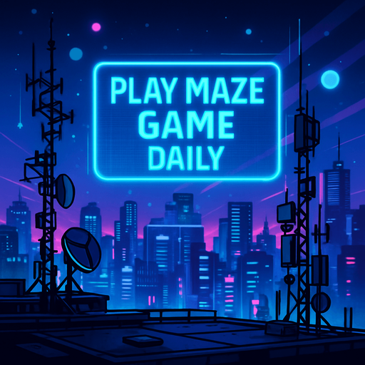 Design a nighttime rooftop vista overlooking a cyberpunk cityscape. Array of antennae and digital transmitters punctuate the skyline, while a floating holo-banner flashes ‘Play Maze Game daily.’ Add subtle lens flares, hovering data orbs, and background neon glow—perfect as a level 3 menu backdrop without any characters or coins..
In-Game asset.  2d.  High contrast.  No shadows