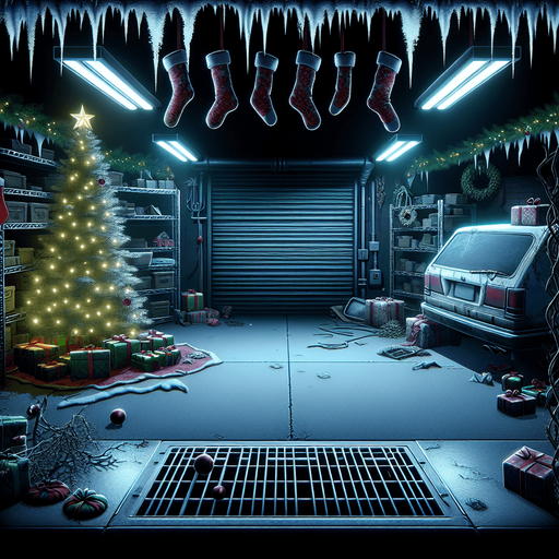 Eerie Christmas-inspired garage similar to a resident evil room
Single Game Texture. In-Game asset. 2d. Blank background. High contrast. No shadows.