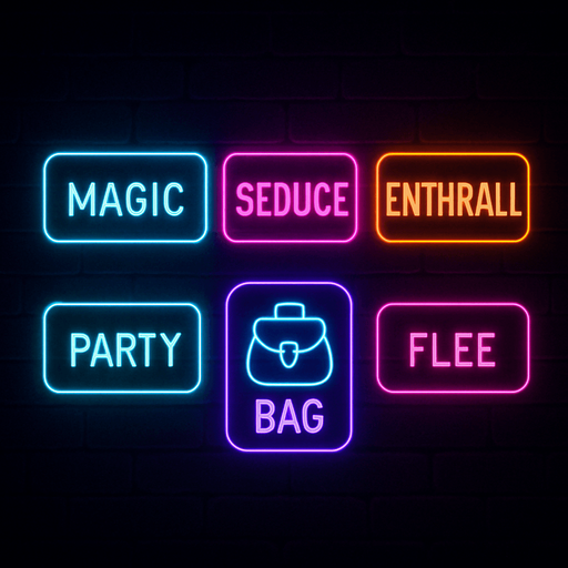 Neon cyberpunk combat menu MAGIC SEDUCE ENTHRALL PARTY BAG FLEE flat hologram glowing outline