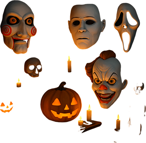 3D Scary room with many 3D decorations around, 3D scary masks of memes from movies around it.
In-Game asset.  3D.  High contrast.  No shadows. no jesus cross. no star of 6. no start of 5. no devil. HD colors