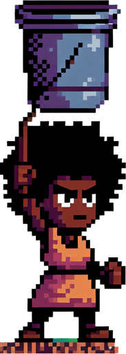 8 bit girl with wild hair holding up a  big bucket above her head to catch water, punk rock, main character.
Single Game Texture. In-Game asset. 2d. Blank background. High contrast. No shadows.