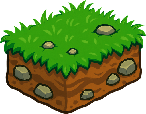 Cesped en forma de rectangulo como con el pasto arriba tierra y algunas rocas irregulares.
In-Game asset.  2d.  High contrast.  No shadows