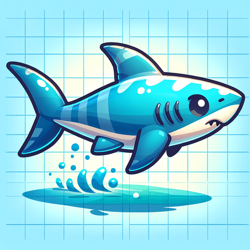 A cartoon shark swimming side profile..
Single Game Texture.  In-Game asset.  2d.  Blank background.  High contrast.  No shadows