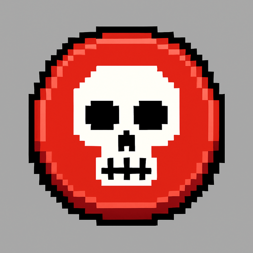 un boton rojo con una calavera de pixeles.
In-Game asset.  2d.  High contrast.  No shadows