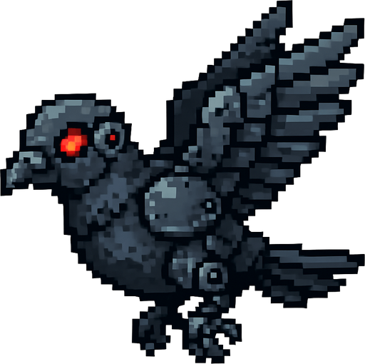 Pixel art of an evil pigeon with robotic parts, red glowing eyes, and tiny armor. Flying pose, side view, 2D pixel sprite for an arcade game.
In-Game asset.  2d.  High contrast.  No shadows