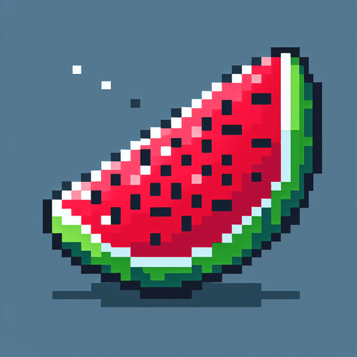 8 bit watermelon slice no shadows.
Single Game Texture. In-Game asset. 2d. Blank background. High contrast. No shadows.