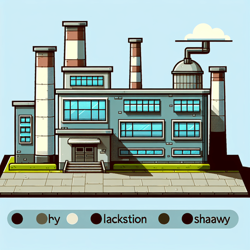 The outside of a factory in a cartoon style.
Single Game Texture.  In-Game asset.  2d.  Blank background.  High contrast.  No shadows