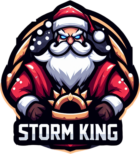 Icon for a santa as a storm king on a circle, with the text „Storm King“ at top, cartoon, christmas style Single Game Texture. In-Game asset. 2d. Blank background. High contrast. No shadows.