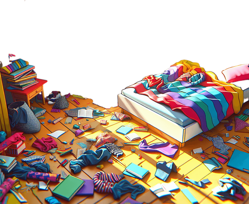 dağınık bir yatak odası, odanın içinden görünüm 3d renkli, çizgi film