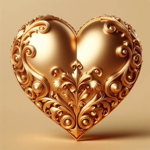 Big shining gold heart verly slightly ornate.
face view.